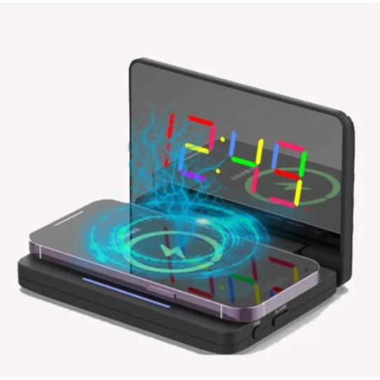 Smart Mirror LED Digital Alarm Clock with Foldable Wireless Charger | Desktop Night