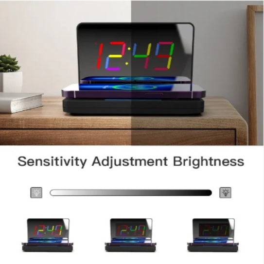 Smart Mirror LED Digital Alarm Clock with Foldable Wireless Charger | Desktop Night