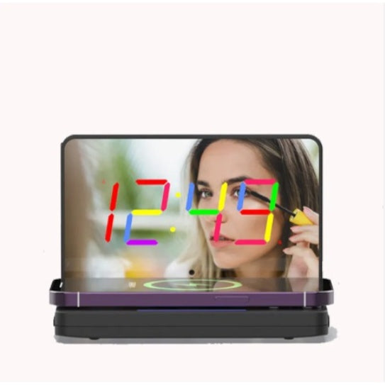 Smart Mirror LED Digital Alarm Clock with Foldable Wireless Charger | Desktop Night