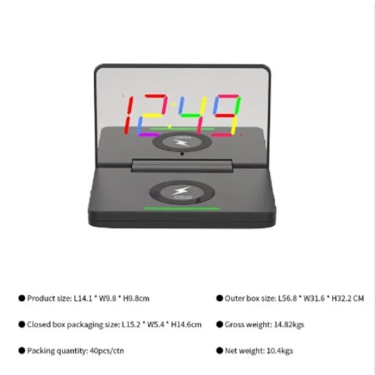 Smart Mirror LED Digital Alarm Clock with Foldable Wireless Charger | Desktop Night